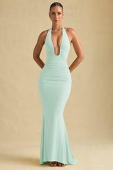 Ruched Backless Halterneck Gown in Mint